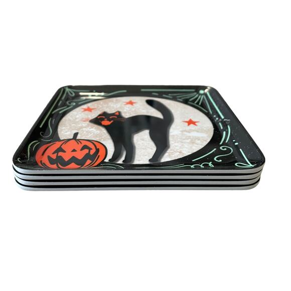 Spooky Night Halloween Melamine Appetizer Plates 5.75in Set Of 4 Black & Orange - Picture 4 of 9